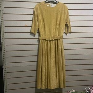 Justin McCarty Vintage Gold Metallic Lurex Belted Flare Midi Dress 1940's Lame'